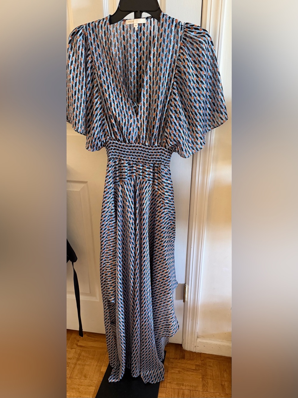 Maje Blue & Brown Geometric Smocked-Waist Midi Dress